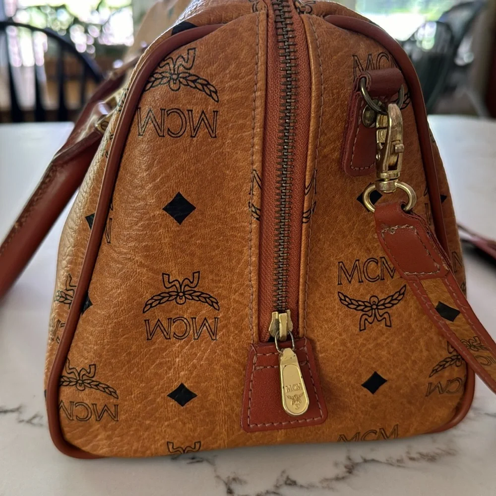 MCM Cognac Brown Visetos Monogram Satchel with Gold Hardware
